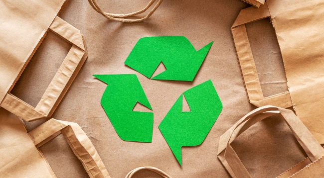 Sacchetti di carta riciclabile e logo del riciclo per la sostenibilit&agrave; ambientale