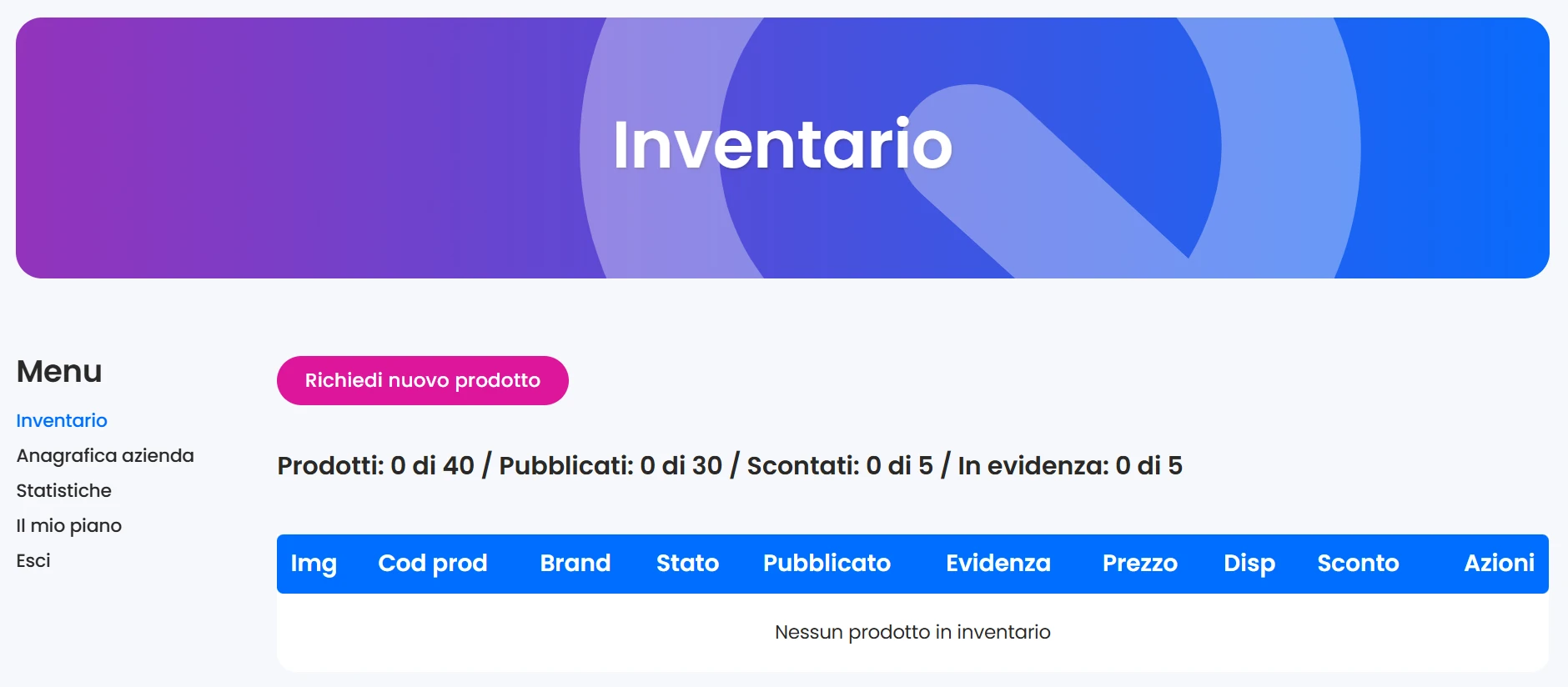 Inventario nella dashboard dei rivenditori iscritti a quitrova
